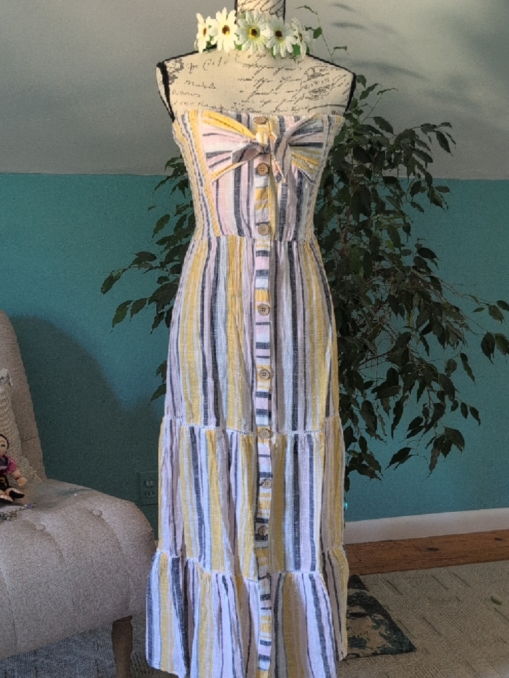 blue island Striped Yellow, Cream & Blue Button-Front Maxi Dress🧚 - Picture 4 of 15